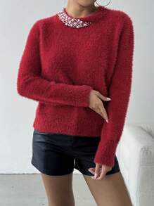 SHEIN Clasi 女士优雅仿珍珠串珠圆领毛衣，秋冬新年针织套头衫 - 紅色 - 查看 3