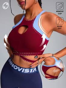 Innovista Sujetador deportivo casual con recortes y bajo cruzado en contraste de color, sin mangas, efecto push up, espalda de tirantes, para ejercicio, yoga, gimnasio - Día de San Valentín