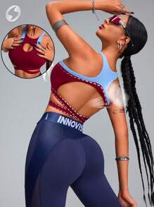 Innovista Sujetador deportivo casual con recortes y bajo cruzado en contraste de color, sin mangas, efecto push up, espalda de tirantes, para ejercicio, yoga, gimnasio - Día de San Valentín