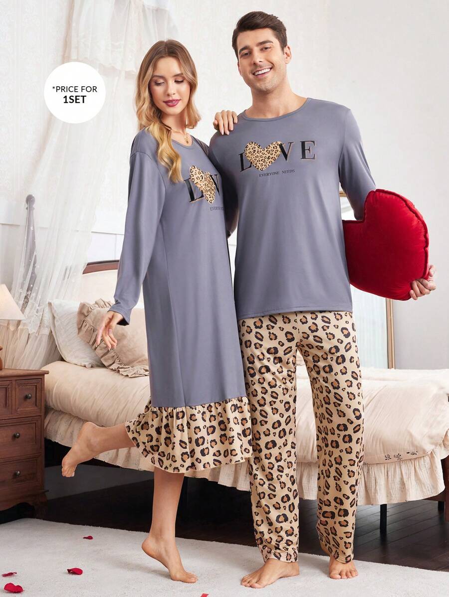 Leopard Print Letter Graphic Pullover Pajamas Set - Long Sleeve Top And Pants For Men - Dusty Purple - View 1