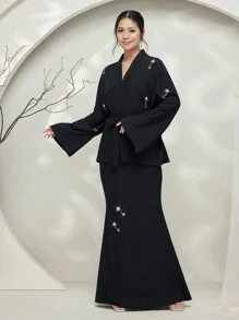 Graceveil Baju Kurung z przodu koronkowa bluzka z długim rękawem i spódnica w kształcie litery A, swobodny, 2-częściowy zestaw, skromny