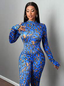 Slaydiva Tuta aderente da donna con scollo tondo, chiusura lampo, fantasia a patchwork leopardata