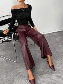 Siren Gaze Women's Burgundy Red Leather Women Pants Plain Front-Button Minimalist Casual Pants, Daily Wear, Women Bottoms Christmas Winter New Year Elegant Valentine's Day Spring - Burgundy - View 6