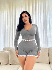 SHEIN SXY 2 Stücke grauer, warmer, weicher Cardigan und hochgeschnittene Shorts mit Spitzeneinsatz, Herbst/Winter - Grau - Übersicht 1