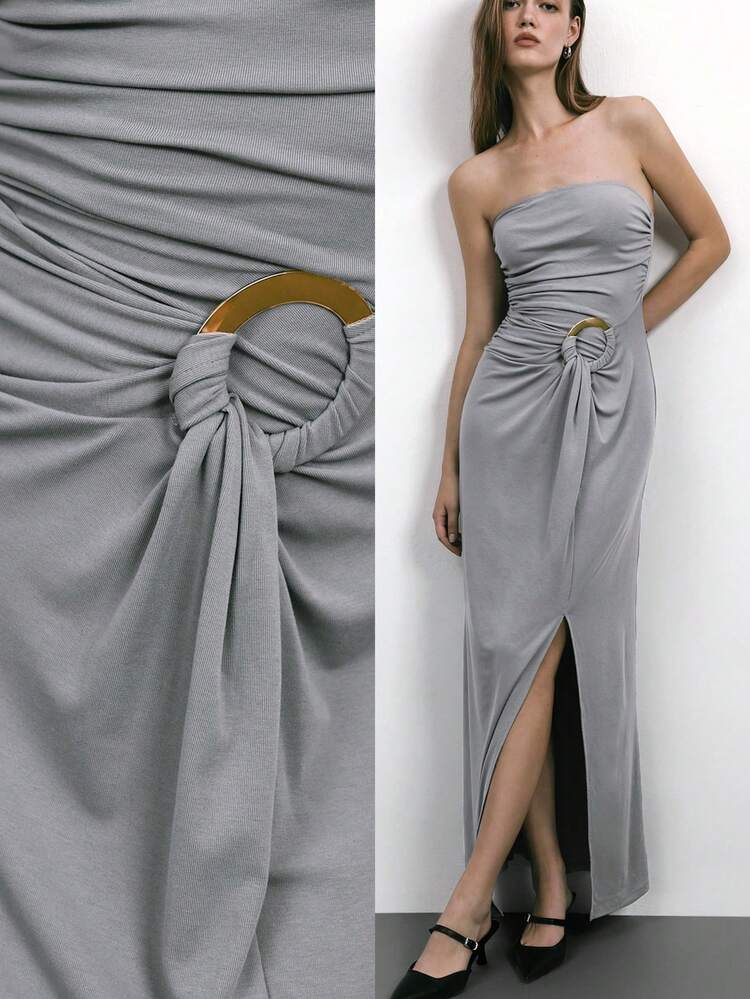 SHEIN Maija New Autumn/Winter Urban Chic Elegant Holiday Party Vintage Casual Long Gray Strapless Dress, Suitable For Daily Wear