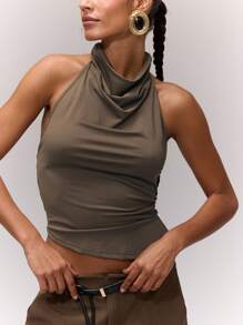 MUSERA Going Out Tops Draped Asymmetric Halterneck Top Sexy Beach Vacation Ibiza Festival Holiday Night Out Going Out Tops Club Fall Spring Summer - Coffee Brown - View 5