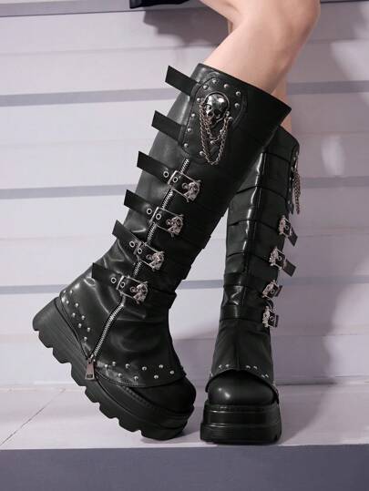 Black Leather Belt Buckle With Skull, Chain, Rivet Decor, Thick Sole Knee-High Boots For Women For Christmas And New Year Holiday Valentines Spring Shoes