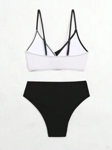 SHEIN Swim Women Sexy Cross Beach Bikini Set With Color Block Design,Summer Beach - Black and White - View 4