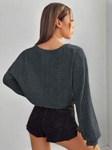 SHEIN 感恩节女孩秋季服装 V 领落肩罗纹针织短款 T 恤