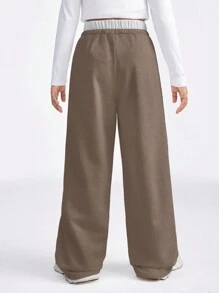 SHEIN Tween Girls' Casual Drawstring Simple Gray Jogger Pants For Daily Wear - Brown - View 2