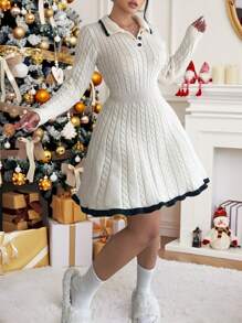 Flirla Contrast Color Minimalist Cable Knit Polo Collar Button A-Line Sweater Dress, Autumn/Winter - Apricot - View 2