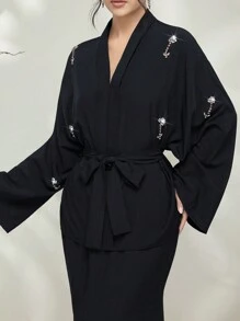 Graceveil Baju Kurung z przodu koronkowa bluzka z długim rękawem i spódnica w kształcie litery A, swobodny, 2-częściowy zestaw, skromny