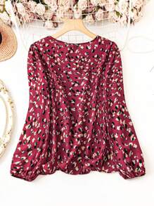 SHEIN CURVE+ Plus-size dames V-hals lange mouwen allover print minimalistische blouse, casual dagelijkse kleding