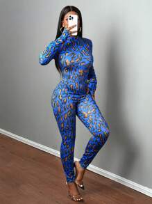 Slaydiva Tuta aderente da donna con scollo tondo, chiusura lampo, fantasia a patchwork leopardata