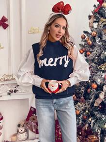 SHEIN LUNE Ärmellose gestrickte Pullover-Weste mit Stickerei für Frauen, Rot