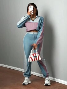 Slaydiva 2 件套女士休闲街头风格运动高领长袖拉链夹克和宽松抽绳裤，拼布拼色 - 綠色 - 查看 3