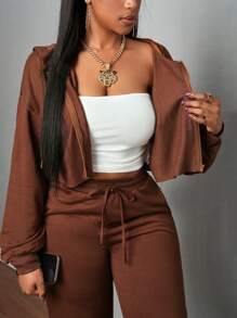 Slaydiva Set casual composto da felpa con cappuccio e chiusura lampo e pantaloni dritti con laccetto, colore marrone e tinta unita, adatto per donna - Castano - Visualizzare 5