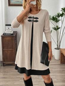 EMERY ROSE Women Plain Round Neck Long Sleeve Short Casual Dress, Daily Wear - Multicolor - View 3