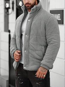 Manfinity Homme Loose Fit Snap Button Front Teddy Bear Padded Coat For Men - Light Grey - View 5