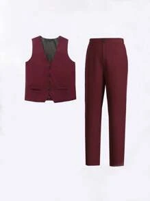 Tween Boy Gentleman 2 Pieces Set: Front Button Vest + Long Pants, No Shirt, No Accessories, Formal Suit For Birthday Party, Gathering, Wedding, Baptism, Anniversary