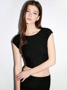 TRNVIE 黑色秋冬性感派对时尚简约针织露背上衣和紧身高开叉长裙 2 件套