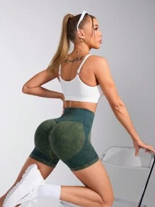 SHEIN Sports Women High Waist Striped Patchwork Casual Sports Shorts Spandex Short - Army Green - View 6