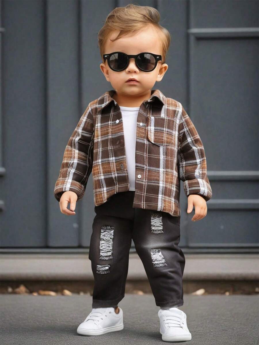 SHEIN 2pcs Baby Boy Retro Check Pattern Lapel Long Sleeve Cardigan Shirt And Elastic Waist Long Pants Set, Soft & Comfortable, Casual Sports Style, Suitable For School, All-Match Versatile, Indoor And Outdoor , Fall Clothes - Brown - View 1