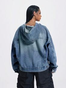 SHEIN ICON 女士连帽套头牛仔运动衫，Y2K，街头服饰，运动，休闲 - 中等水洗藍 - 查看 2