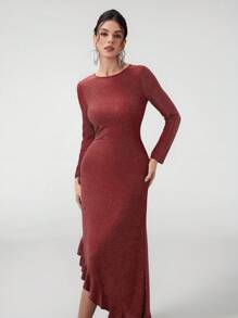 SHEIN Belle Women's Round Neck Long Sleeve Ruffle Sequin Patchwork Gown For Party/Banquet, Fashion Autumn And Winter Banquet Party Festival Princess Socialite Elegant Internet Celebrity Popular Dress, Daily Wear Elastic Gold Thread Fabric Dress, Formal Dinner Ball Dress, Christmas, New Year's Eve Can Be Worn For New Year, Wedding Guest Dress