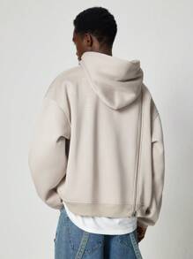 ROMWE MEN Street Life 男士休闲拉链前数字印花长袖连帽运动衫，秋季 - 卡其色 - 查看 6