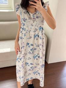 DAZY 女士甜美花卉印花荷叶边下摆睡袍睡裙睡衣