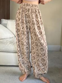 DAZY Floral Pattern Loose Fit Pajama Bottoms - Khaki - View 5
