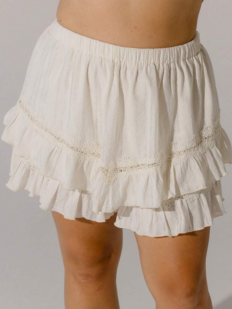 Aralina 曲线分层荷叶边下摆柔软奶油色蕾丝分层裙裤