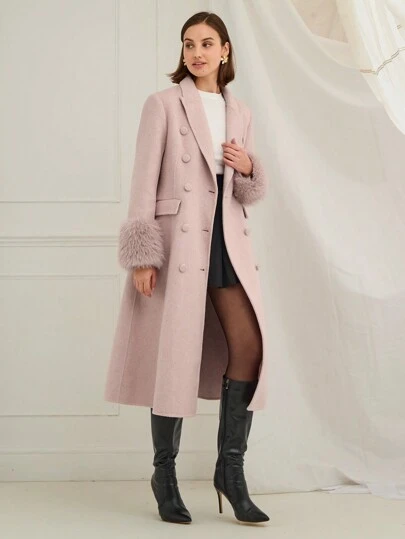 Enchnt 女士毛茸茸拼布前扣休闲长袖夹克