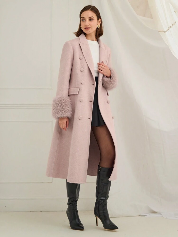 New Winter Products,Women  Solid Color Lapel Long Sleeve Furry Patchwork Double-Breasted Elegant Coat,Warm Coat,Winter Women Coat,For Christmas Party&Romantic Dinner Dates