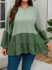 EMERY ROSE 大码休闲冬季女式拼色灯笼袖衬衫 - 綠色 - 查看 3