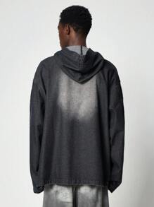 ROMWE MEN Prep Chaqueta casual de mezclilla con cremallera frontal, manga larga y estampado de números para hombres - Negro - Ver 4