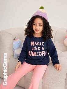 2pcs/Set Young Girl Round Neck Long Sleeve Letter Print Casual Top And Pants Set