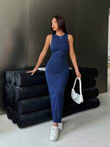 SHEIN ICON Women Sexy Bodycon Sleeveless Denim Dress, Blue - Dark Wash - View 5