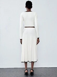 SHEIN Unity 时尚拼色针织长袖毛衣和高腰修身短裙 2 件套女士套装 - 杏色 - 查看 2