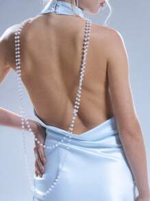 MUSERA 高领缎面珍珠饰边露背迷你连衣裙，性感可爱，适合夏季派对、外出度假、冬季晚宴、圣诞节、新年和秋季穿着。