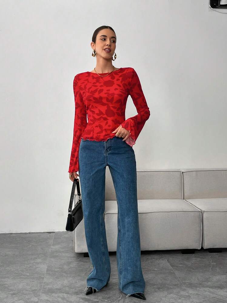SHEIN Essnce 秋季时尚性感花卉印花系带露背喇叭袖红色长袖 T 恤 - 紅色 - 查看 9