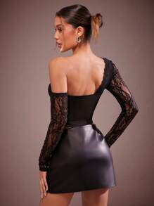 Hauture Women's Fashion Sexy Contrast Lace Asymmetrical Neck Top - Black - View 3