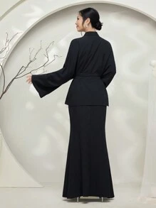 Graceveil Baju Kurung z przodu koronkowa bluzka z długim rękawem i spódnica w kształcie litery A, swobodny, 2-częściowy zestaw, skromny