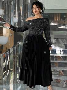 SHEIN Unity Plus Size Women's Party Sparkly Pleated Skirt Hem Asymmetrical Shoulder Dress Maxi Women Outfit