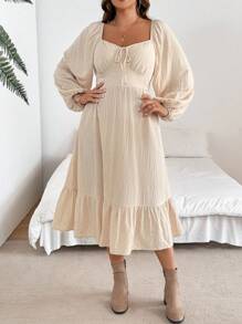 SHEIN VCAY Plus Size Rhinestone V-Neck Front Tie Long Sleeve Casual Dress - Apricot - View 5