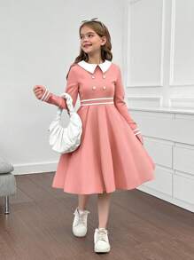 SHEIN Tween Girls Elegante Contrasterende Kleur Getailleerde Kraag Lange Mouw A-lijn Mid-Calf Jurk, Roze, Casual Voor Herfst/Winter