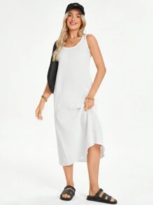 SHEIN LUNE 女士夏季休闲纯色无袖连衣裙 - 白色 - 查看 4