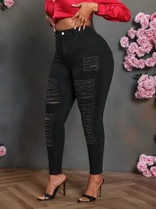 Slaydiva Plus Size Black Stretch Skinny Ripped Jeans - Black - View 4