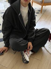 DAZY 2 件男士纯色前拉链连帽衫和长裤套装，简约秋冬 - 黑色 - 查看 3